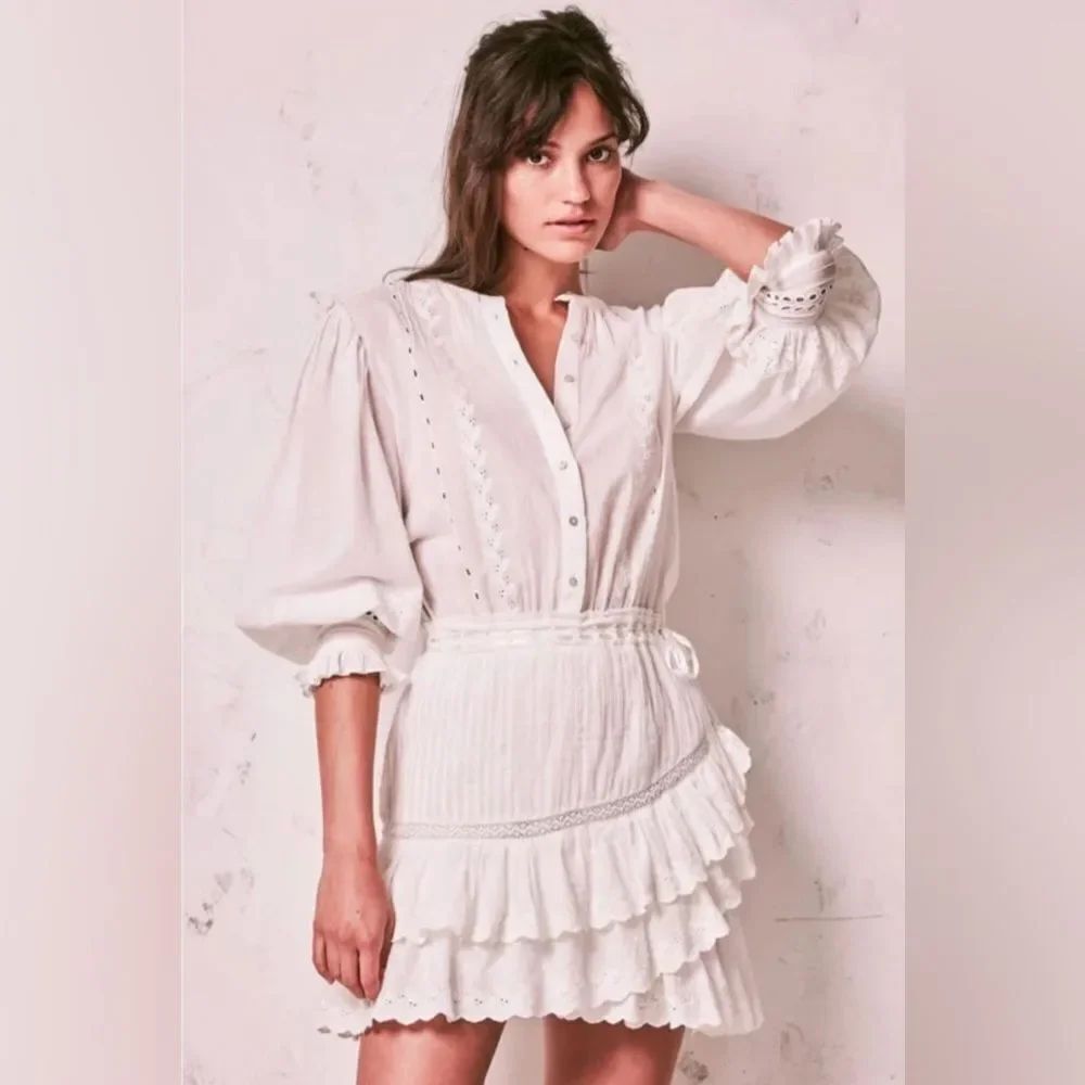 LoveShackFancy LORELAI Tiered Ruffle Mini Dress Broderie Anglaise Cotton Sz XS